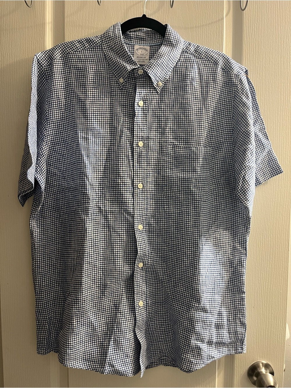 Brooks Brothers Men's L 1818 Regent Fit Check Shirt Blue 100% Linen Short Sleeve